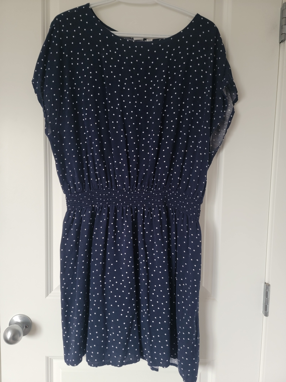 GAP Navy and White Polka Dot Smocked-Waist Mini Dress
